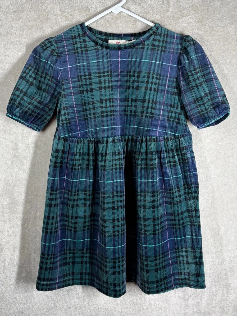 Vineyard Vines Velvet Puff Sleeve Dress Girl 7/8 Green Plaid Soft Stretch Preppy